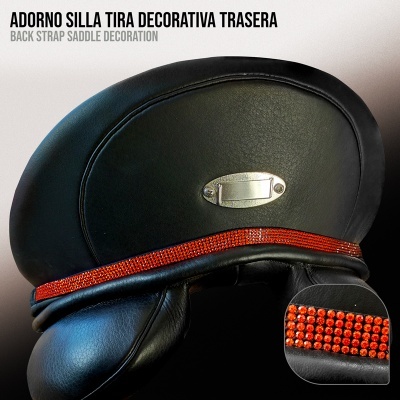 Adorno para cadeira de montar traseiro em couro preto com faixa decorativa laranja