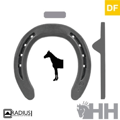 Ferradura cinza com silhueta de cavalo e logos em fundo branco