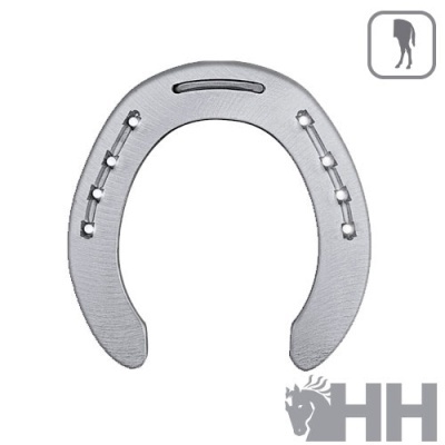 Ferradura metálica prateada com furos para fixação