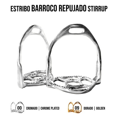 Estribos barrocos repuxados cromado e dourado