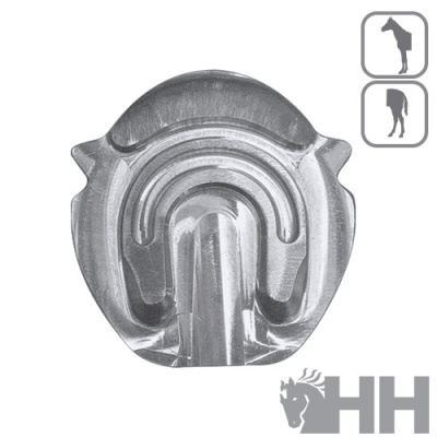 Peça metálica prateada com desenhos curvos, fundo branco, logo HH e ícones de cavalo