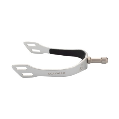 Espora de equitação de metal prateado com revestimento preto interno e gravação ACAVALLO