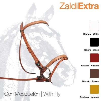 Rédea de couro castanho claro com detalhes metálicos para cavalo com opções de cores e texto promocional.