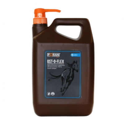 Garrafa castanha com tampa bomba laranja e etiqueta azul de suplemento com imagem de cavalo