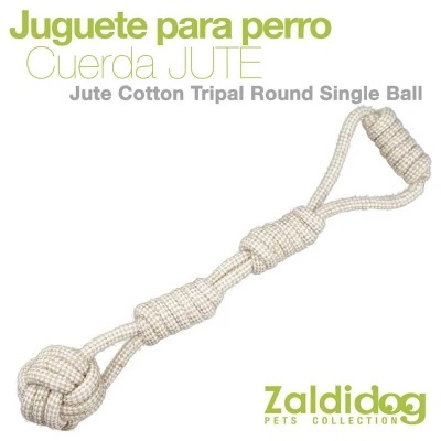 Brinquedo para cão de corda de juta branca com riscado cinza, formato triplo com bola única