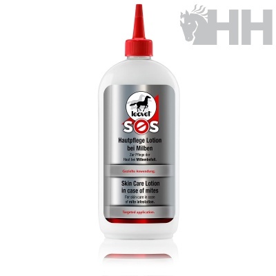 Frasco branco com tampa vermelha e rótulo cinza do produto Leovet SOS para cuidados da pele contra ácaros