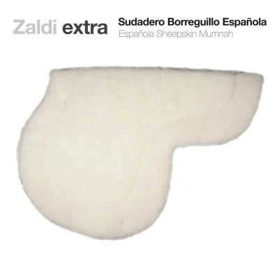 Alforje branco em pele de carneiro com texto Zaldi extra e descrição do produto