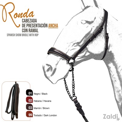 Cabeçada de apresentação ancha em couro com ramal e correntes metálicas