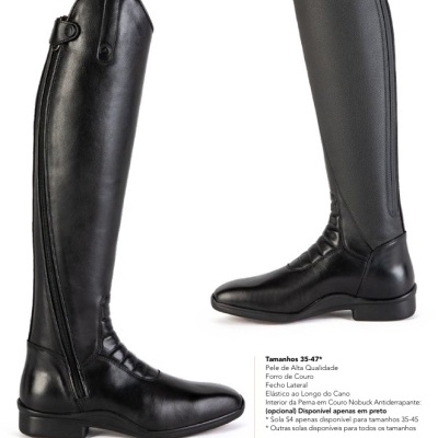 Botas pretas de equitação altas em pele com fecho lateral e sola antiderrapante