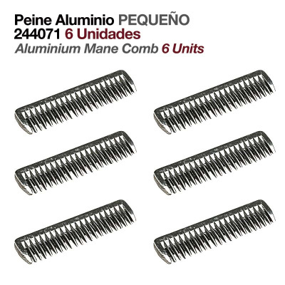 Conjunto de 6 pentes pequenos em alumínio com texto descritivo