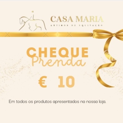 Cheque presente CASA MARIA 10 euros com laço dourado e texto em fundo creme