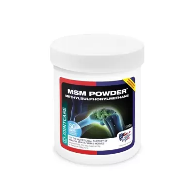Embalagem branca de plástico com pó MSM POWDER e rótulo colorido com imagem de articulação