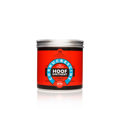Frasco de pomada Hoof Ointment com rótulo vermelho e azul