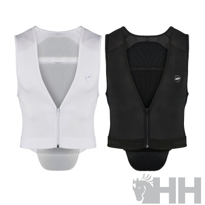 Colete de proteção branco e preto com fecho de correr e malha ventilada