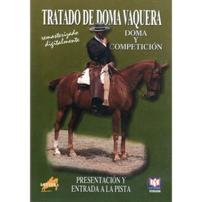 Capa de livro sobre doma vaqueira com cavalo castanho e cavaleiro vestido tradicional