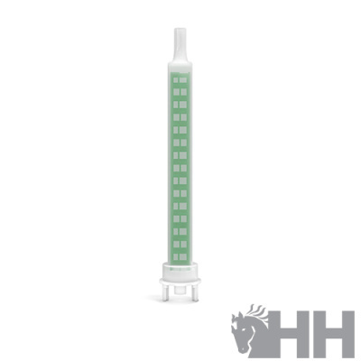 Produto tubular de plástico branco com painel verde e quadrados brancos, suporte branco com três pés, fundo branco com logo HH cinza