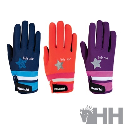 Três pares de luvas coloridas com estrelas e faixas refletoras