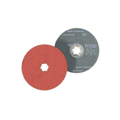 Discos abrasivos vermelho e cinza com recortes hexagonais ao centro e texto indicativo de fabricante e velocidade máxima.