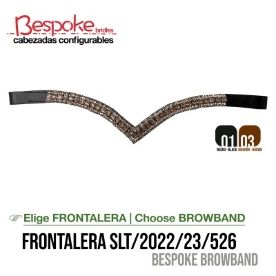 Cabeçada com frontal preto e pedras brilhantes, texto informativo em fundo branco