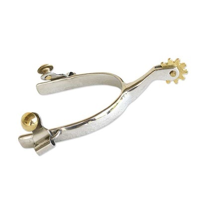 Espora metálica prateada e dourada com rodela dentada