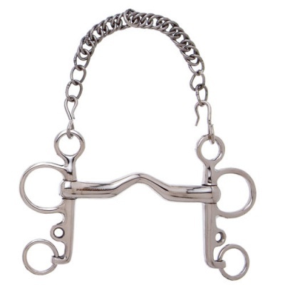 Freio de cavalo metálico prateado com corrente e argolas