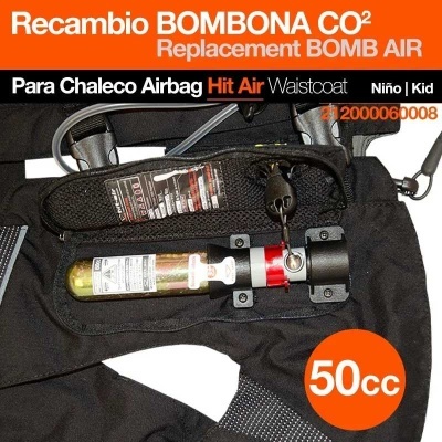 Recambio bombona CO2 para colete airbag Hit Air infantil com bombona preta, vermelha e amarela e texto informativo