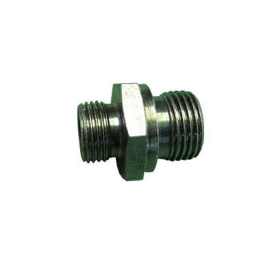 Conector metálico cilíndrico prateado com roscas e porca hexagonal