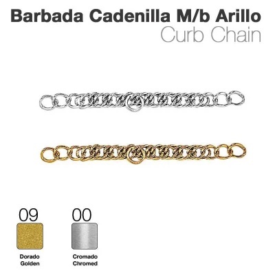 Duas correntes curb chain, uma dourada e outra cromada, com texto descritivo