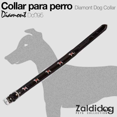 Colar preto para cães com padrão de cães vermelhos e brancos e fivela prateada