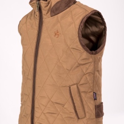 Colete masculino bege acolchoado com fecho castanho e gola elevada