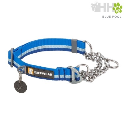Coleira azul e branca para cão com corrente metálica e etiqueta RUFFWEAR