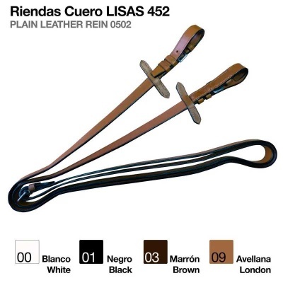 Rédeas de couro liso castanho com fivelas metálicas e texto informativo sobre o produto