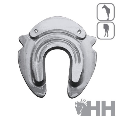 Ferradura metálica para cavalo com logótipo HH e ícones de cavalo