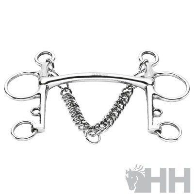 Freio metálico prateado para cavalo com corrente e anéis