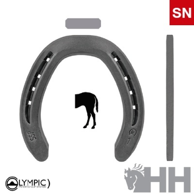 Ferradura metálica cinzenta com orifícios e símbolos, logótipos OLYMPIC e HH, e sigla SN em vermelho