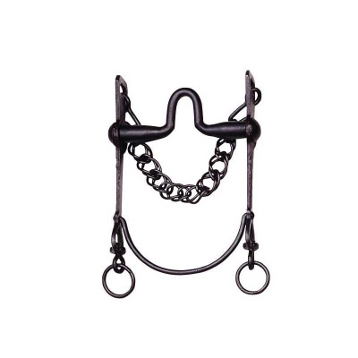 Freio de cavalo em metal escuro com corrente e argolas circulares