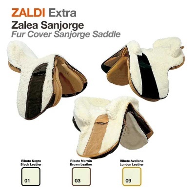 Capas para sela Sanjorge ZALDI Extra em pele branca e detalhes em couro preto, castanho e London, com etiquetas de cores e texto