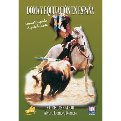 Capa DVD de doma equestre em Espanha com cavalo branco e touro