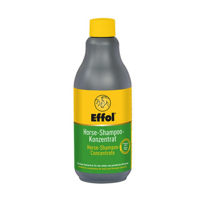 Frasco de shampoo concentrado para cavalos Effol com rótulo amarelo e verde