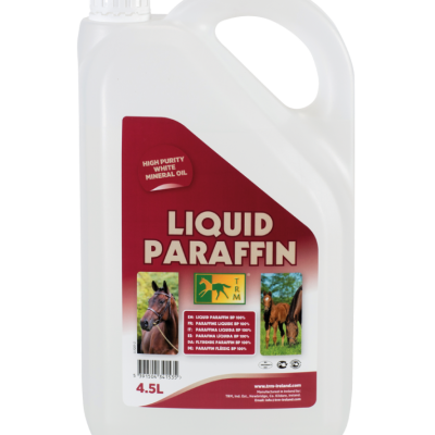 Recipiente branco de plástico com rótulo vermelho com o texto LIQUID PARAFFIN