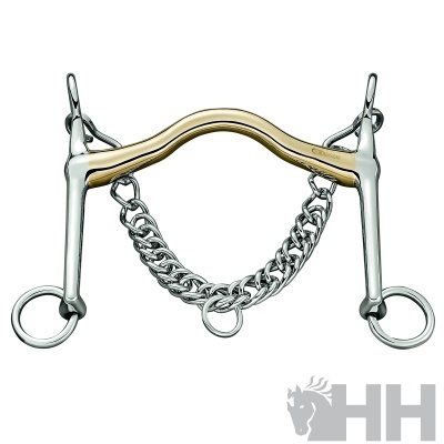 freio para cavalo metálico com arco dourado e corrente prateada