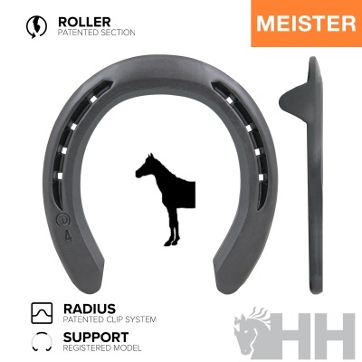 Ferradura cinza escuro para cavalo com sistema patenteado roller e radius, vista frontal e lateral