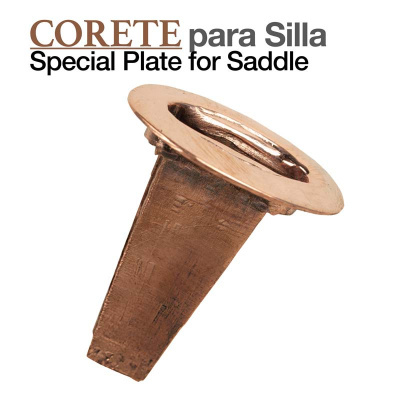 Peça metálica cónica castanha com flange circular e textos publicitários em fundo branco.