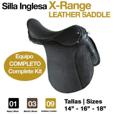 Sela inglesa preta X-Range de couro com texto informativo