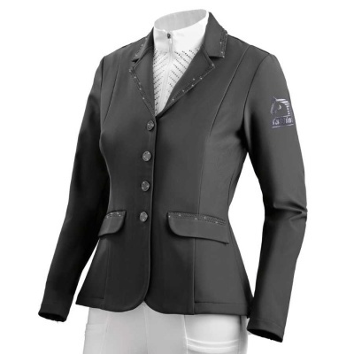 Casaco preto feminino de equitação com logótipo na manga