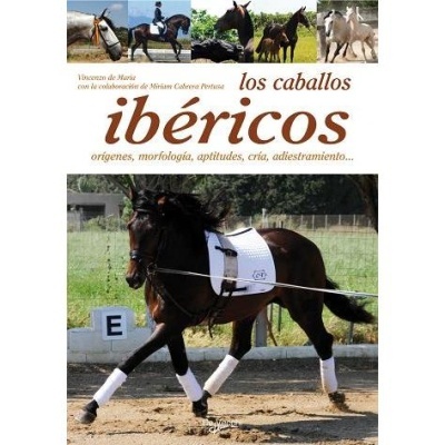 Livro sobre cavalos ibéricos com cavalo castanho em arena.