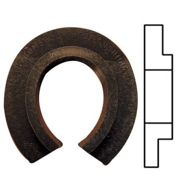 Peça metálica preta em forma de C com inscrição e desenho técnico ao lado