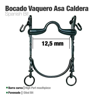 Bocado Vaquero Asa Caldera em metal preto com barra curva