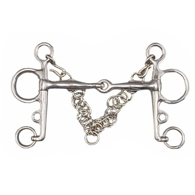 Freio para cavalo em metal prateado com bocal articulado e corrente em V
