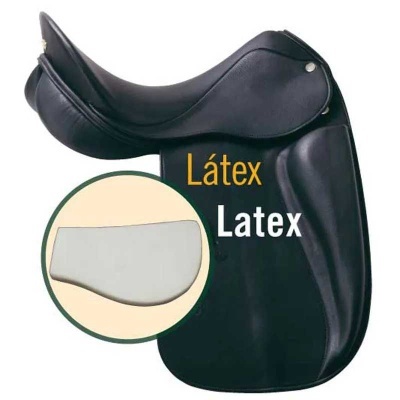 Sela preta de equitação em látex com texto Látex Latex